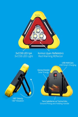 11320 Güneş Enerjili Reflektör / Tripod İkaz Üçgeni / Led / Sabitleme Ve Tutma Kolu / Usb Şarj
