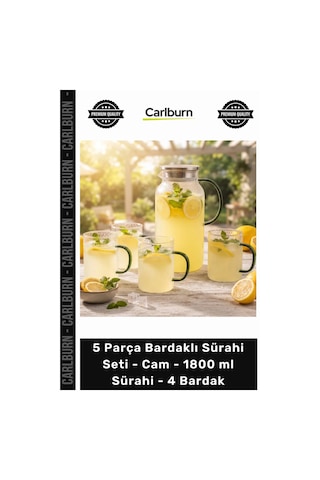 Özel Üretim Şık Yeşil Kulplu Lüks 5 Parça Bardaklı Sürahi Seti Cam 1800 Ml Sürahi 4 Bardak
