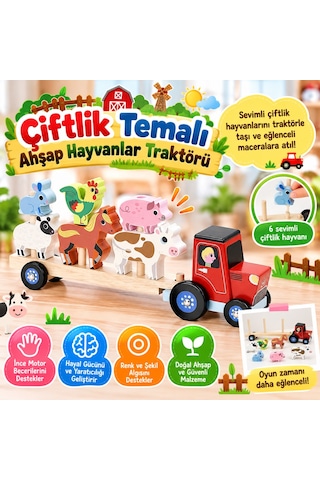 Çiftlik Temalı Ahşap Hayvanlar Traktörü