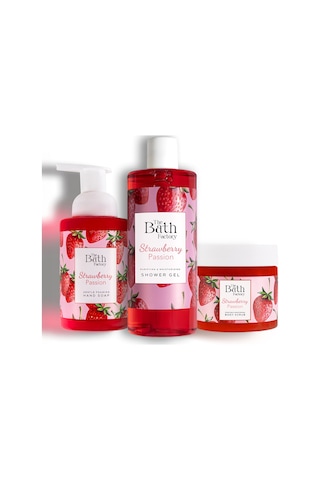 The Bath Factory Çilekli Vücut Peelingi + Çilekli Duş Jeli + Çilekli Köpük Sabun