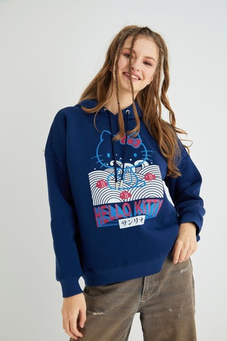 Hello Kitty Lisanslı Baskılı Kapüşonlu Lacivert Sweatshirt Renkli
