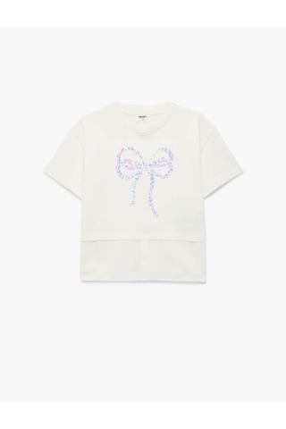 Koton Pullu Payetli Fiyonk Baskılı Ekru Kız Çocuk T-shirt 6skg10060ak Ekru