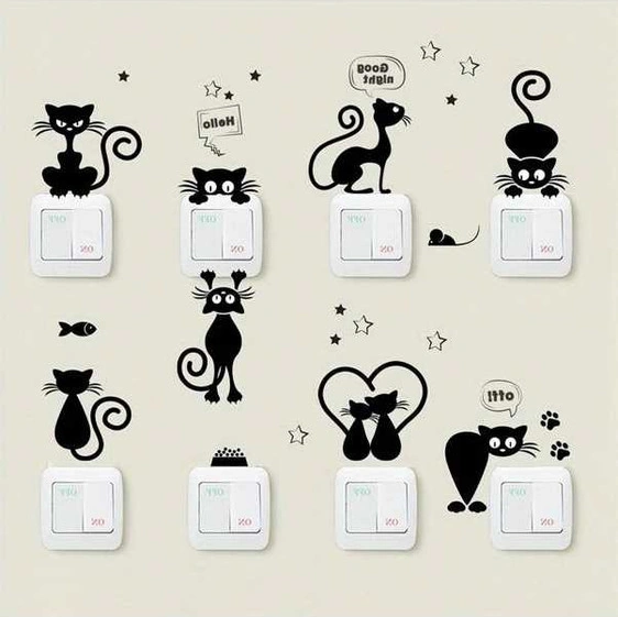 Trendooze Parlak Kedi Desenli Siyah Duvar Sticker Çıkartma Yapışkanlı Siyah Siyah