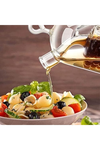 2&apos Si 1 Arada Cam Yağlık Ve Sirkelik - İç İçe Geçmeli Çift Hazneli Dekoratif Sosluk - Mantar Kapaklı Zeytinyağı Ve Sirke Şişesi 240ml + 60ml Acı Kahverengi