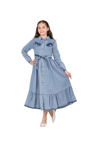 Kız Çocuk Kot Elbise Denim Kumaş Pamuklu Uzun Kot Jean Elbise Buz Mavi