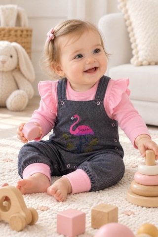 Babyhola Bayramlık Kız Bebek Çocuk Flamingo Bayramlık Salopet Badi Takım 23388 Pembe