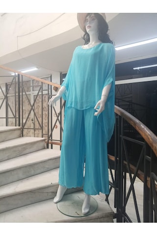 Bohem Stil İtalyan Yarasa Kol İpek Bluz & Pantolon Takım-8767 Turkuaz