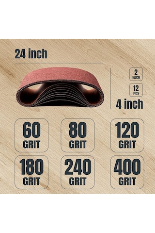 110002 10x61 Cm Zımpara Kayışları, Alüminyum Oksit Bantlı, 12 Adet Çeşitli Grit