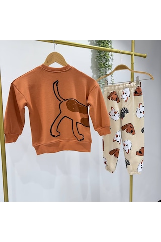 Monila Erkek Çocuk Köpek Baskılı Eşofman Alt Üst Takım Kahverengi