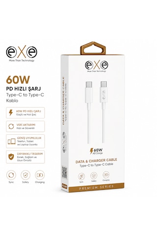 Exe 60w Pd Type-c To Type-c Hızlı Şarj Ve Data Kablosu 0 Exe 60w Pd Type-c To Type-c Hızlı Şarj Ve Data Kablosu 0