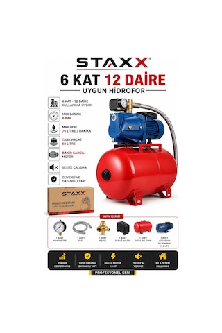 Staxx Hd6k12 1.5 Hp 50 Lt Hidrofor Otomatik Su Pompası Bakır 6 Kat 12 Daire Apartman Villa Hidrofor