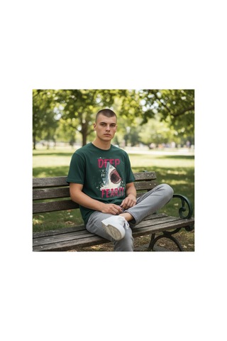 Urbantrendstore Unisex Deep Fear Köpekbalığı Tatil Oversize Fit Rahat Geniş Salaş T-shirt Günlük Tişört Yeşil