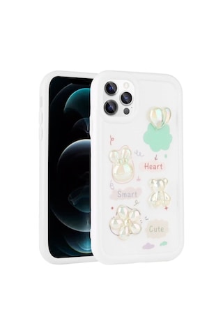 Apple Uyumlu iPhone 13 Pro Kılıf Kabartma Figürlü Parlak Zore Toys Silikon Kapak Beyaz