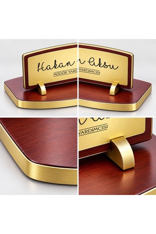 Bk Gift Kişiye Özel Ahşap Masa İsimliği Gold Plakalı Bk27 -1 Çok Renkli