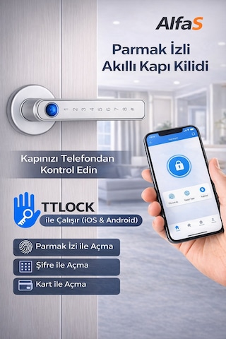 Şifreli Kartlı Telefondan Kontrol Pvc Alüminyum Ahşap Uyumlu Parmak İzli Akıllı Kapı Kolu Gümüş