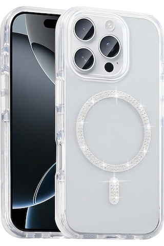 Apple Uyumlu iPhone 15 Pro Max Kılıf Taşlı Tasarım M-safe Şarj Özellikli Mkst Koment Silikon Kapak - Gold Altın