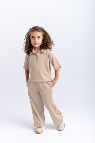 Oliventhekid Unisex Polo Yaka Bol Paçalı Takım Bej Bej