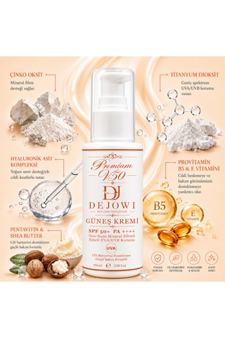 Dejowi V50 Premium Mineral Filtre Destekli Hibrit Uva/uvb Koruma Spf 50+ Pa++++ Güneş Kremi 100ml