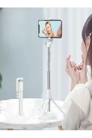 Apple Uyumlu iOS 2in1 Masaüstü Kumandalı Tripod Ve Taşınbilir Selfie Çubuğu 70cm Ve Android Beyaz