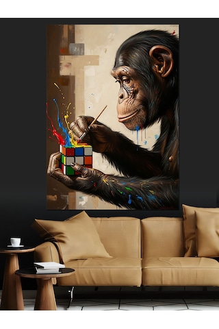 Rubik Küp Karizmatik Maymun Figürü Dekoratif Kanvas - Mdf Ahşap Tablo