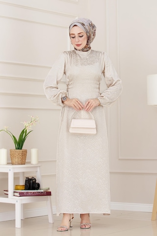 Banu Yanı Bağcıklı Saten Abiye-bej-4951