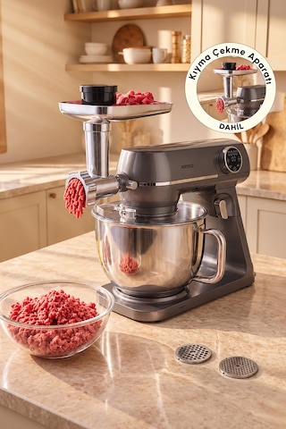 Karaca Multichef Artisan Kıyma Çekme/ Sucuk-sosis/içli Köfte Aparatlı Digital Ekran Tam Döküm Kıyma Aparatlı Hamur Yoğurma Makinesi Anthracite 7l Pro Artisan