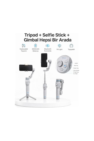 Mey İthalat 3 Eksen Telefon Gimbal Stabilizer Yapay Zeka Takipli Katlanabilir Dahili Dolgu Işıklı V