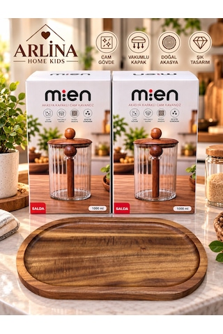 İkili 1000 Ml Akasya Kapaklı Kaşıklı Akasya Standlı Cam Kavanoz Seti Haki