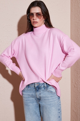 Lela Premium Oversize Fit Balıkçı Yaka Yumuşak Dokulu Triko Bayan Kazak 680Kz00469 Şeker Pembe