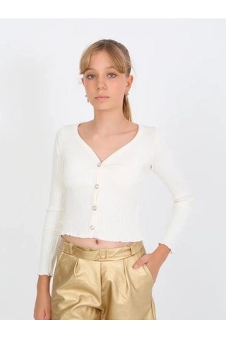 Kız Çocuk Kaşkorse Taşlı Düğmeli Hırka-14807 Ekru