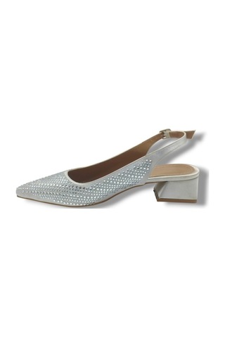 Ceylan Shoes 125-26 Taşlı Parlak Saten Kısa Kare Topuk Kadın Ayakkabı 36-41 GÜMÜŞ
