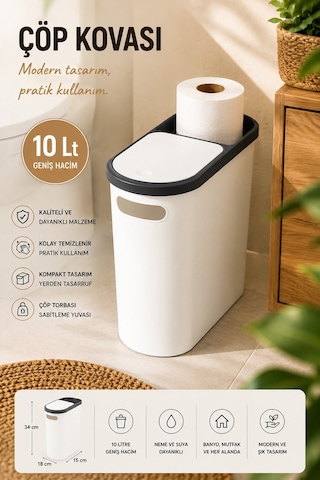 Porsima M-325 Çöp Kutusu Banyo Mutfak Çöp Kovası Kapaklı Banyo Çöp Kovası 10lt Beyaz