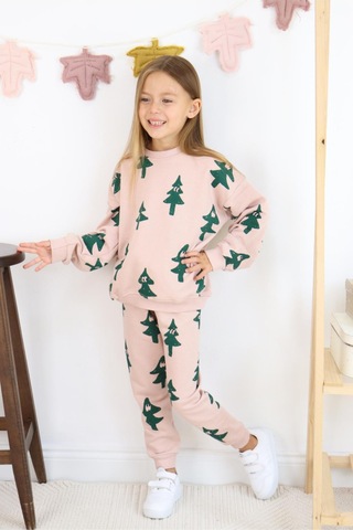 Yeni Sezon 3 İplik Mini Figür Çam Ağacı Desen Mini Figürlü Sweatshirt Eşofman Alt Üst Takım 2 Parça Taş