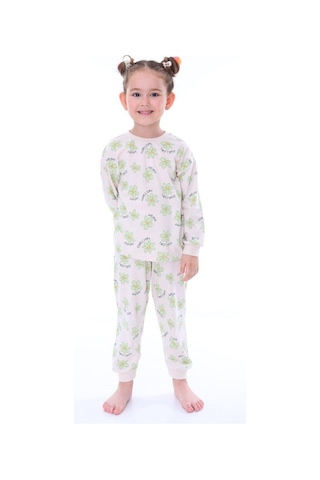 Kız Çocuk Yeşil Çiçek Desenli Uzun Kollu Pijama Takımı-905 Yesil