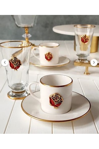 Regna Home Fine Living Love Roses 2 Kişilik Dekorlu Kadehli 6 Parça Kahve Fincan Takımı Beyaz