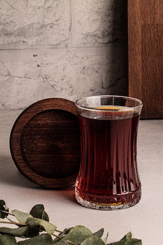 Snippy Bella 6 Lı Cam Çay Seti 12 Parça Ahşap Altlık Çay Takımı Ahşap