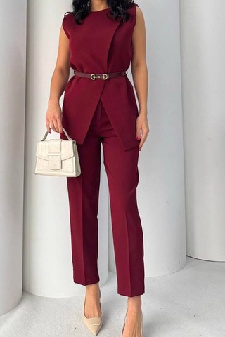 Neşeli Butik Kadın Bordo Kemer Detaylı Yelek Pantolon İkili Takım Nbstr4061