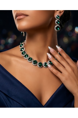 Riviere Kristal Taşlı Çiçek Model Yeşil Renkli Kolye Küpe Set