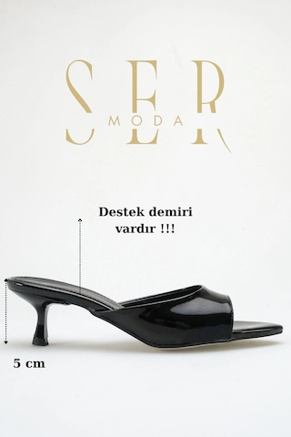 Sermoda Topuklu Kadın Terlik - 5 Cm İnce Topuklu Sivri Burun Kadın Terlik Rugan Siyah