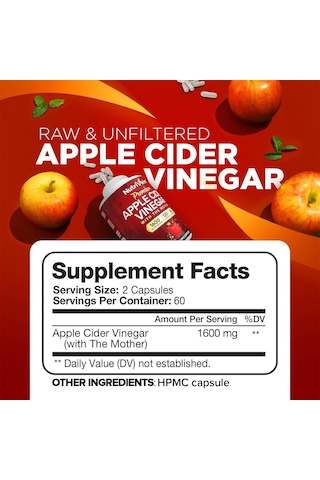 Nutrivein Premium Apple Cider Vinegar Digestion, Keto, Cleansing, And Balanced 1600 Mg - 120 Caps
