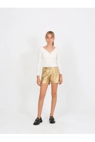 Kız Çocuk Kemerli Duble Paça Gold Deri Şort-14825 Altın