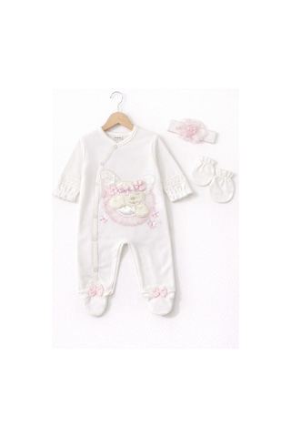 Kardeşler Bebe Kız Bebek Little Princess Nakışlı 4'lü Battaniye Tulum Seti Ekru