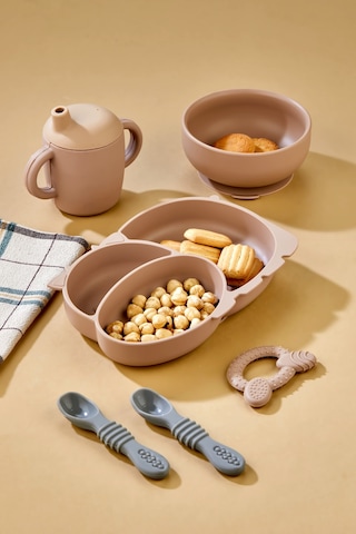 5'li Silikon Set / Bölmeli Mama Tabağı / Kase / Bebek Bardağı / Diş Kaşıyıcı / Mama Kaşığı - Moka Mocca