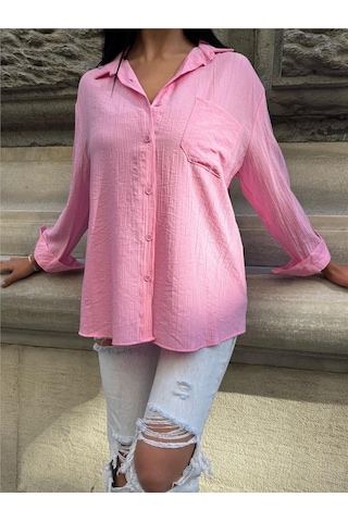WeShaya Pembe Oversize Kırışık %100 Polyester Gömlek Pembe