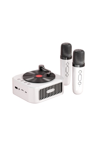 Xindoker Retro Cd Şeklinde Taşınabilir Karaoke Hoparlör, Çift Mikrofonlu, Beyaz Renk Seçeneği
