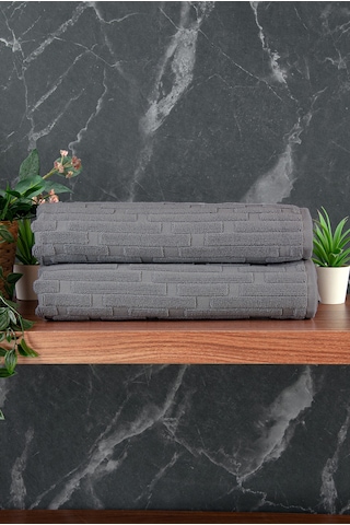 Tuğla Desenli 2li Ayak Havlusu - 50x70 Cm - Su Emici Banyo Paspası Seti - Koyu Gri Koyu Gri