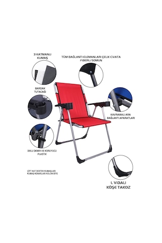 Alin Metal Kamp Sandalyesi 2''li Lüks Bardaklı Kamp Sandalyesi Ve Masa Set Fgt-04 Kirmizi Kırmızı