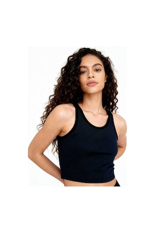 Tommy Life Lacivert Basic Sıfır Kol Dar Kalıp U Yaka Kadın Crop Top Atlet - 97160 Lacivert
