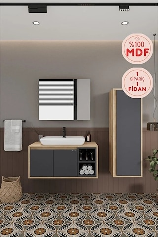 Lale 100 Cm %100 Mdf Lavabolu Banyo Dolabı + Aynalı Dolap + Boy Dolabı Antrasit