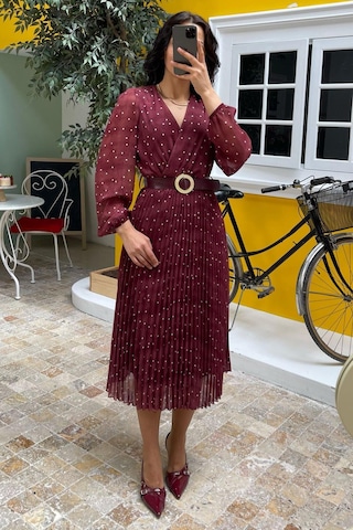 Madmext Bordo Kruvaze Yaka Puantiyeli Şifon Elbise Mg2065 Bordo
